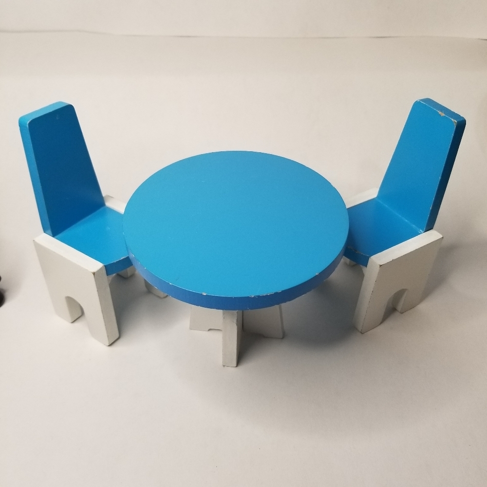Blue & White Wooden Table & Chairs Doll House Furniture Good Used Condition